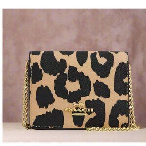 Coach CX151 Mini Wallet On Chain Crossbody Leopard Print Coated Canvas w/ Origin